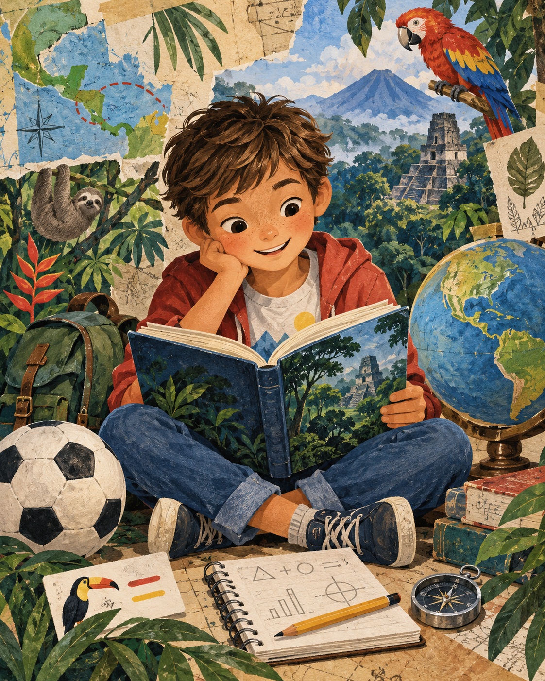 Illustration of a young explorer reading beside a globe, soccer ball, and math notes